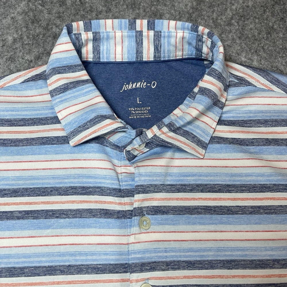 Johnnie O Polo Mens L Blue Multicolor Stripe Mira Vista Embroidered Performance - Picture 3 of 9